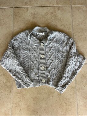 XXS Button-Front Cable Knit Sweater Cardigan - Light Gray
